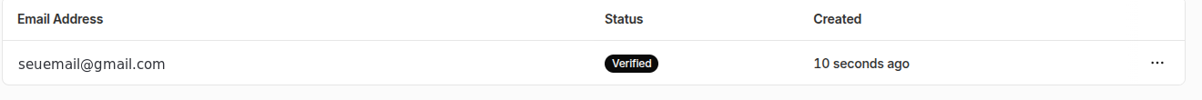 Tabela de endereços de destino com uma linha: seuemail@gmail.com, status Verified num selo preto, criado há 10 segundos.