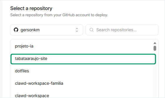 Tela Select a repository do Cloudflare, com a lista de repositórios da conta e o tabataaraujo-site destacado.
