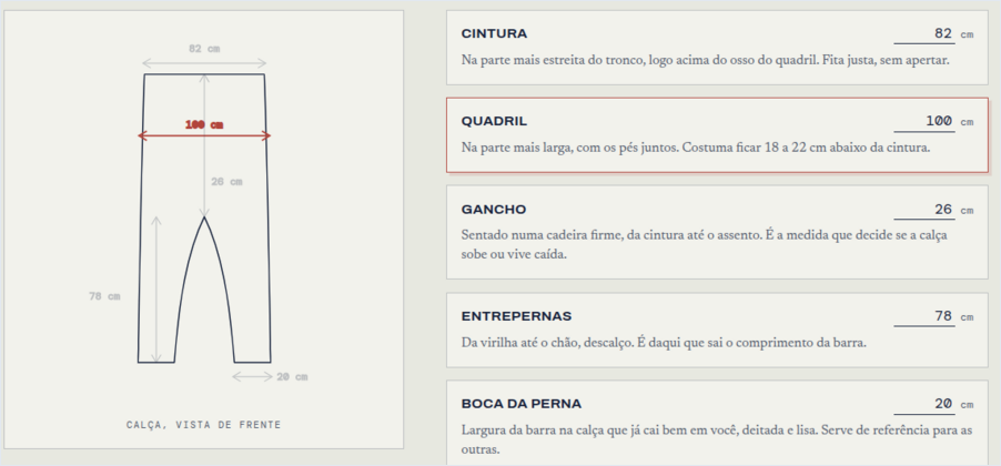 A ficha de medidas: à esquerda, o desenho de uma calça com as medidas indicadas; à direita, os campos de cintura, quadril, gancho, entrepernas e boca da perna. O campo do quadril está selecionado, e a medida correspondente aparece destacada em vermelho no desenho.