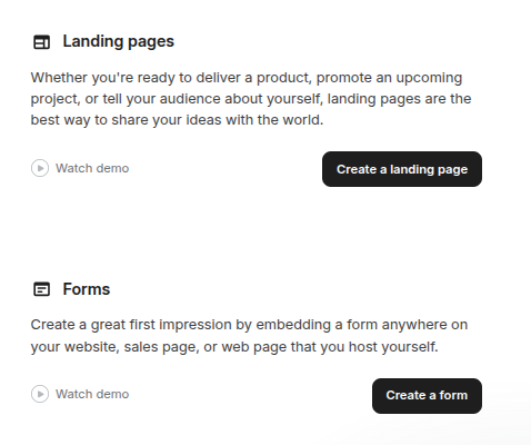 Dois blocos. Landing pages: a melhor forma de compartilhar suas ideias com o mundo, com botão Create a landing page. Forms: incorpore um formulário em qualquer lugar do seu site ou página que você mesmo hospeda, com botão Create a form.
