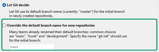 Tela do instalador do Git com duas opções: Let Git decide, marcada, e Override the default branch name for new repositories, destacada em verde, com o campo preenchido com main.