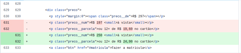 Trecho de um ponto salvo aberto no GitHub: duas linhas com fundo vermelho, marcadas com sinal de menos, e logo abaixo duas linhas com fundo verde, marcadas com sinal de mais. O preço muda de 197 para 250 e o parcelamento de 19,60 para 24,90, com os próprios valores realçados dentro de cada linha.