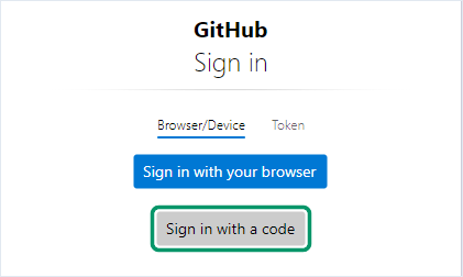 Janela intitulada GitHub Sign in, com as abas Browser/Device e Token, e dois botões: Sign in with your browser, destacado, e Sign in with a code.